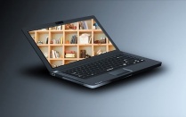 Graphic in which a laptop features a photo of shelves onscreen. 