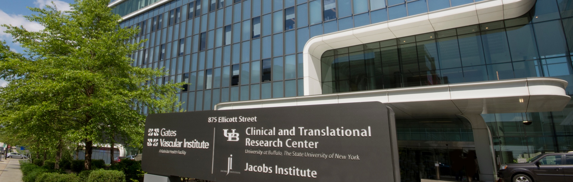 Photo of the exterior of the Clinical and Translational Research Center on the Buffalo Niagara Medical Campus. 