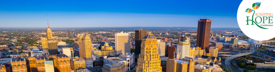 Photo of the City of Buffalo skyline with the Igniting Hope Conference logo at top right. 