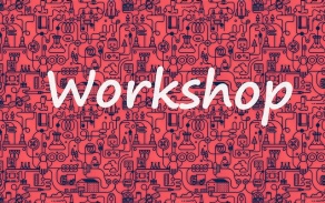 Graphic in which the word "Workshop" (in white) is overlaid on a "science" illustration featuring items such as test tubes and gloves. 
