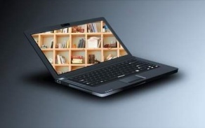 Graphic in which a laptop features a photo of shelves onscreen. 