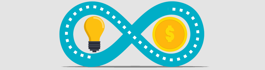 A blue roadmap in the shape of an infinity symbol with a light bulb in one section and a dollar sign in the other. This represents the flow of funding from an idea in research. 