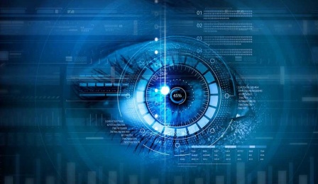 a composite image depicting a human eye, fingerprint, and biometric measurements. 