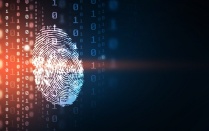 Fingerprint overlaid with biometric measurements and computer code. 