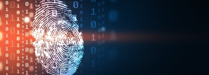 Fingerprint overlaid with biometric measurements and computer code. 