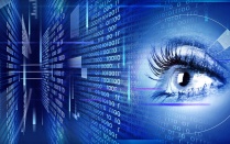 human eye overlaid with biometric measurements and computer code. 