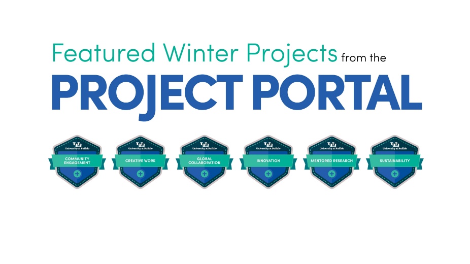 featured winter projects from the project portal; digital badge icons. 