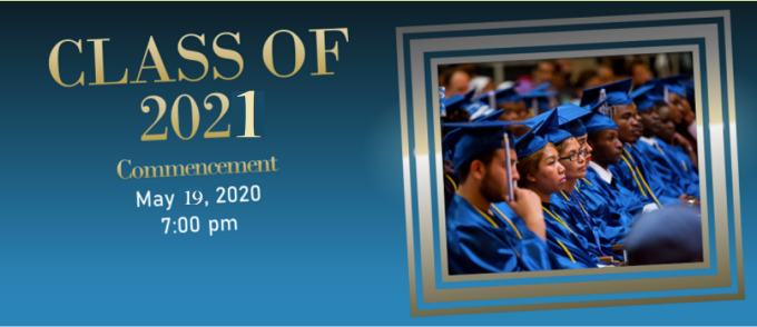 EOC GRADUATION Class of 2021 Commencement photo of people in caps and gowns. 