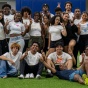 A large group of students and counselors standing together during the Summer Bridge program. 