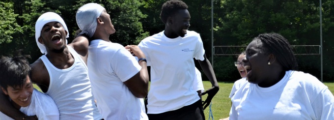 Several students at Summer Bridge during an outdoor activity. 