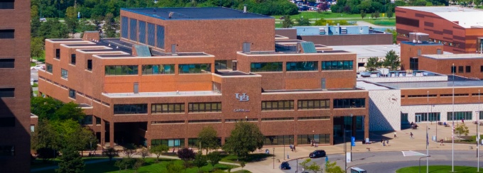 An exterior photo of Capen Hall. 