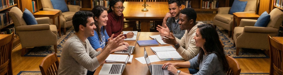 group of diverse students in a library discussing a project with laptops and notebooks on a large table. 
