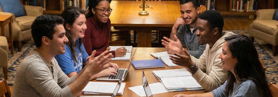 group of diverse students in a library discussing a project with laptops and notebooks on a large table. 