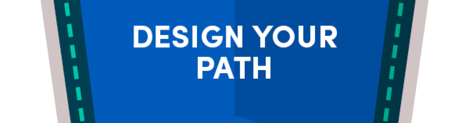 A University at Buffalo badge that says Design Your Path and can be used to show you completed a course. 