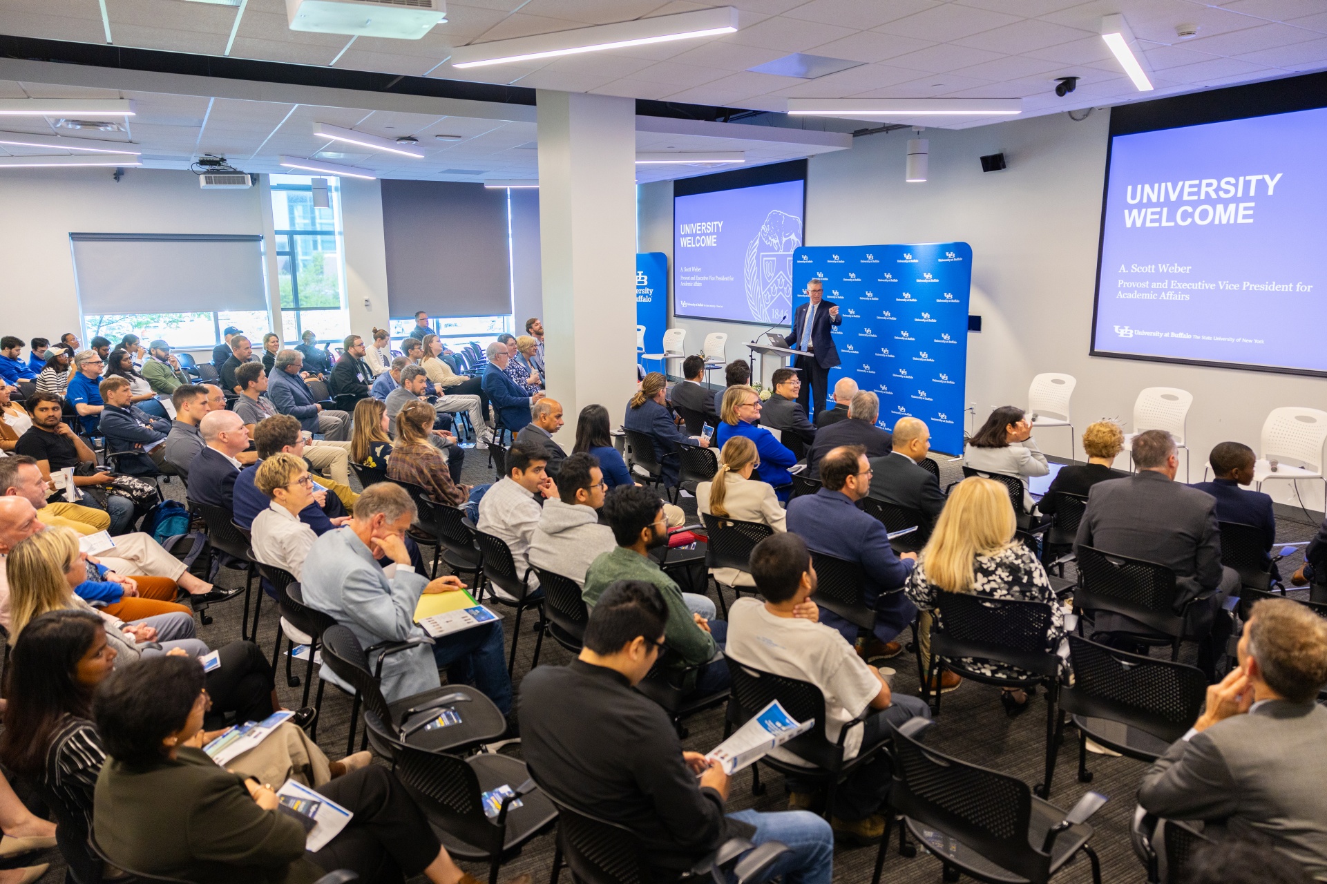 The UB community gathers for &ldquo;Exploring the Future of AI for Maximum Industry Impact,&rdquo; the sixth edition of the UB | AI Chat Series, held at UB&rsquo;s Center of Excellence in Bioinformatics and Life Sciences on the Downtown Campus in May 2024. The event welcomed Dario Gil, IBM senior vice president and director of research. 