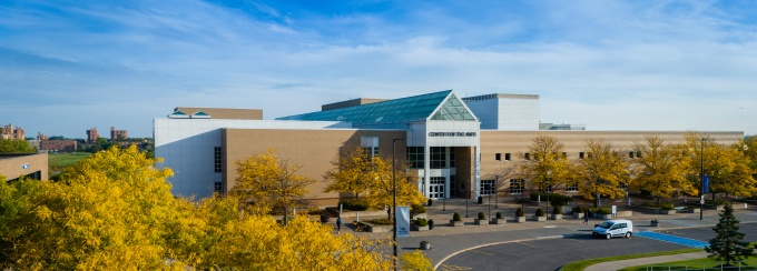 Exterior aerial image the North Campus in the fall taken in September 2023. The Center for the Arts (CFA) is center. Photographer: Douglas Levere. 