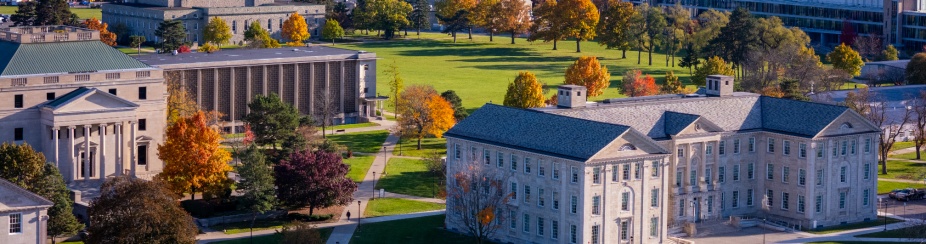 Fall colors in the trees on a sunny morning around the Hayes Hall on South Campus. 