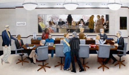 Painting "President's Review Board" by former Faculty Affairs member Patricia Kane: oil on wood panel, 2023. Gifted to University at Buffalo Art Galleries. 