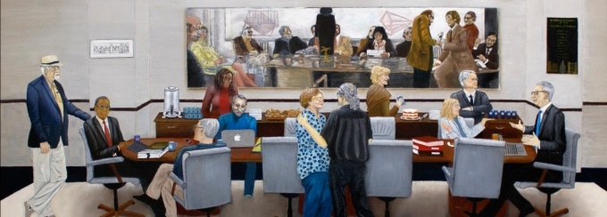 Painting "President's Review Board" by former Faculty Affairs member Patricia Kane: oil on wood panel, 2023. Gifted to University at Buffalo Art Galleries. 