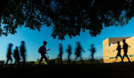 Students walking on UB's north campus. 