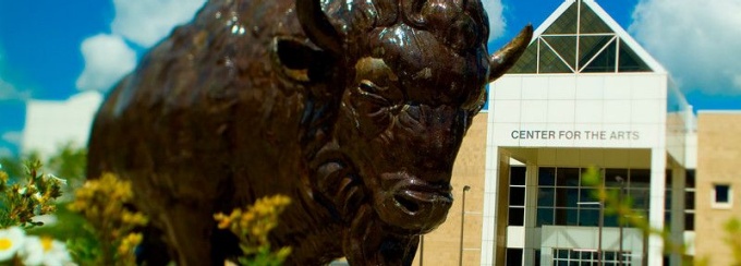 UB Bull statue in front of the Center for the Arts. 