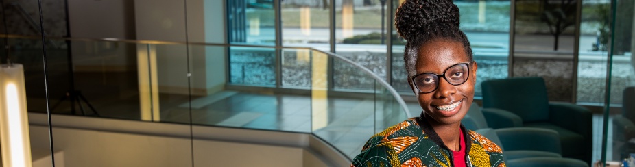 Rachel Sanyu is photographed in the Pharmacy Building. 