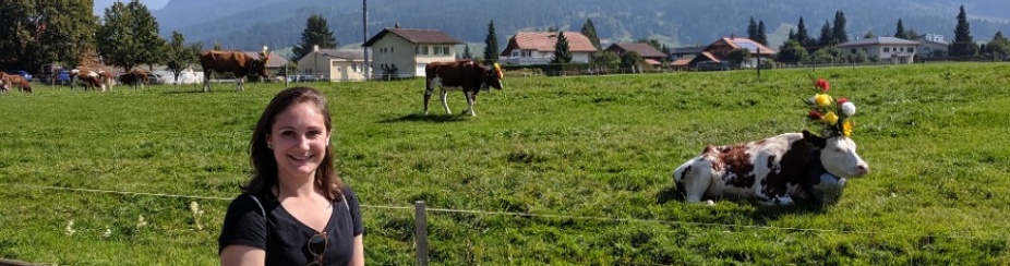 Photo of Patricia Johnson standing in front of a field with some cows at a festival. 