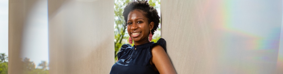 Dalanda Jalloh, a Boren Scholar and student in Social Sciences Interdisciplinary in the College of Arts and Sciences, poses for a portrait on South Campus at Abbott Hall in May 2021. 