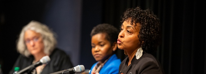 Gender Studies hosted a panel with India Walton (center), Keeanga-Yamahtta Taylor (attended virtually), and Rahwa Ghirmatzion (right) as part of their series on social reproduction and the crisis of housing in Buffalo. Carrie Tirado Bramen (left), the director of the Gender Institute, moderated the discussion. 