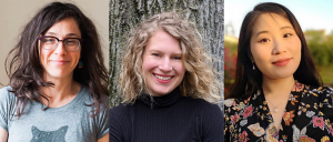 Three photos in a mosaic, one person has long brown hair and is wearing glasses, one is outdoors, smiling at the camera, another has long strait hair and is outdoors, smiling at the camera.