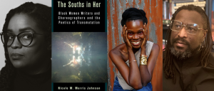 Photo of a woman in black and white, book cover, woman with hands framing her face, smiling at the camera, and photo of a man with facial hair and glasses, looking to the right. 