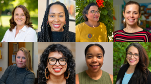 Mosaic of 8 photos featuring 8 different people smiling at the camera. 