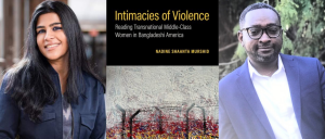 Two people on either side of a book cover. 