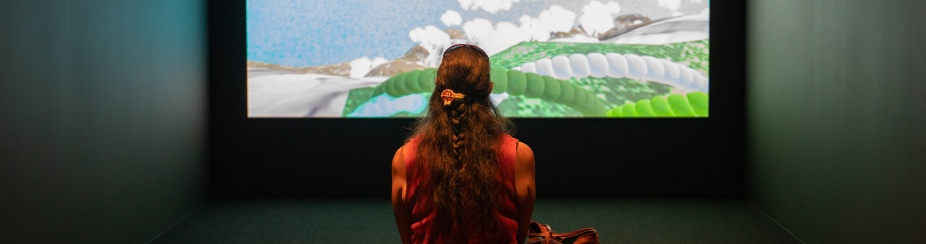 An exhibition celebrating 50 years of Indigenous studies at UB that showcases the work of 48 artists from the Hodinöhsö:ni’ Confederacy on display at UB Art Galleries in July 2022. “O’nigöëi:yo:h Thinking In Indian” encompasses various media and platforms, including digital data, black ash, moose hair, glass beads, paint and more. This part of the exhibit is at the UB Art Gallery in the Center for the Arts. 
