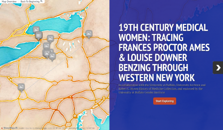 A picture divided in two parts: On the left is the map of Western New York and on the right is a text over dark blue background. 