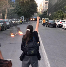 A woman carrying a black backpack , her back facing the camera, right hand up in the air - protesting. 