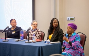 The plenary panel at the Women's History Month symposium (from left): Yaide Valdez, Louisa Fletcher-Pacheco, Anyango Kamina and Karima Amin. Photo: Meredith Forrest Kulwicki. 
