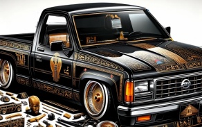 An artificial-intelligence mockup of a Teto Truck generated by Azza El Siddique. The truck is painted black with gold ornamental details that reference ancient Egyptian artworks and cultural artifacts. 