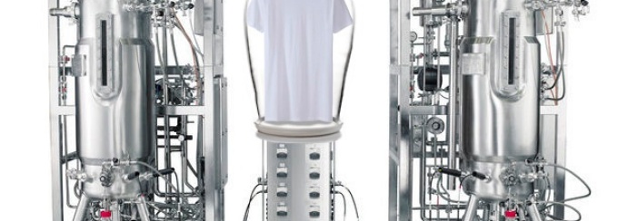 Labor, concept collage showing twin fermenting bioreactors with t-shirt in aeration chamber, Vanouse, 2015. 