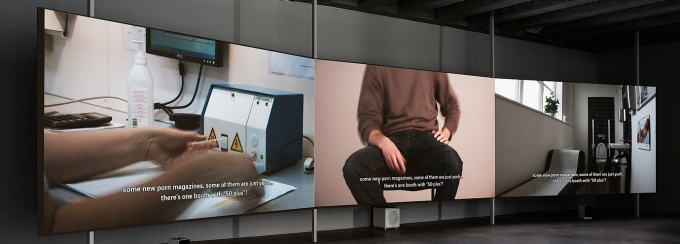 Nils Agdler & Timo Menke: Documentation still from the show Donor Portraits, with film installation Gifted Men, 3-channel HD-video, 4 x 12 m, Kalmar konstmuseum, Sweden, 2015. © 2015 Nils Agdler. 