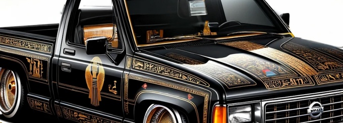 An artificial-intelligence mockup of a Teto Truck generated by Azza El Siddique. The truck is painted black with gold ornamental details that reference ancient Egyptian artworks and cultural artifacts. 