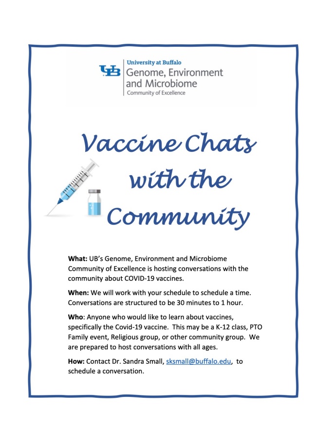 Vaccine Chats Flyer: Contact Dr. Sandra Small for more information or to schedule a chat. 