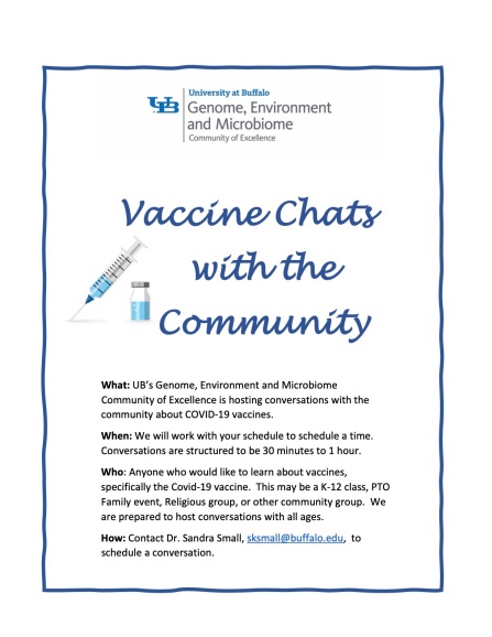 UB's Genome, Environment and Microbiome Community of Excellence Presents 'Vaccine Chats with the Community' What: UB’s Genome, Environment and Microbiome Community of Excellence is hosting conversations with the community about COVID-19 vaccines. When: We will work with your schedule to schedule a time. Conversations are structured to be 30 minutes to 1 hour. Who: Anyone who would like to learn about vaccines, specifically the Covid-19 vaccine. This may be a K-12 class, PTO Family event, Religious group, or other community group. We are prepared to host conversations with all ages. How: Contact Dr. Sandra Small, sksmall@buffalo.edu, to schedule a conversation. 