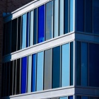 Blue windows on the Pharmacy Building. 