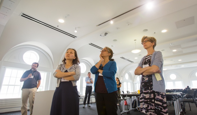 Faculty members Janet Yang (communications), Sharmistha Baghchi-Sen (geography), and Kasia Kordas (epidemiology) at the Air Quality Ideas Lab. 