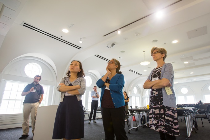 Faculty members Janet Yang (communications), Sharmistha Baghchi-Sen (geography), and Kasia Kordas (epidemiology) at the Air Quality Ideas Lab. 