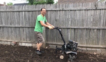 Mowing the lawn. 
