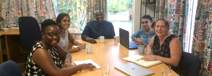 Clockwise from left: Loveness Nyanga (Faculty University of Zimbabwe), Nabila Ismail (UB PharmD Student), Charles Maponga (UB Faculty), Nadia Koyratty (UB EEH PhD Student), Laura Smith (UB faculty). 