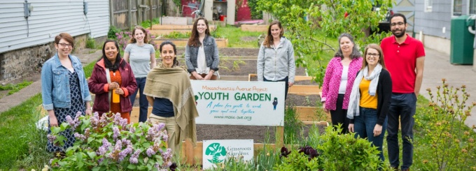 Samina Raja and her research team at a local community garden. 