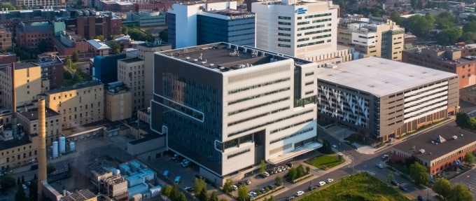 Aerial view of the Clinical and Translational Research Center building that houses the Clinical and Translational Science Institute in downtown Buffalo. 